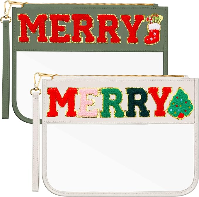 Remerry 2 Pcs Halloween Christmas Chenille Letter Clear Pouch Candy Treat Snack Goodie Bag PVC Makeup Cosmetic Bag Waterproof Preppy Purse Gifts for Women Girls(White & Green Merry Set)