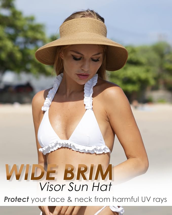 FURTALK Womens Sun Hat with Ponytail Hole Wide Brim Beach Straw Visor | Foldable & Packable for Beach Vacations, Adjustable Fit for Messy Buns, Detachable Windproof Strap, Sweat-Wicking Inner Band