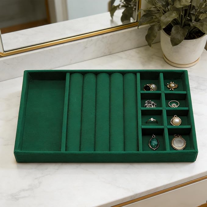 Velvet Jewelry Organizer Tray, Dark Green 3-in-1 | Stackable Jewelry Storage Display Tray with Removable Dividers for Drawer Dresser Cloest Organizer