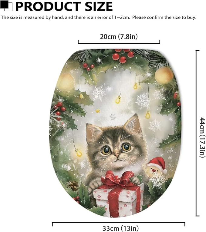 Christmas Cat Fuzzy Toilet Seat Cover for Xmas Decor Bathroom Accessory Soft Toilet Tank Cover for Trip Dustproof Motorhome Bathroom Accessory Universal Fit Oval