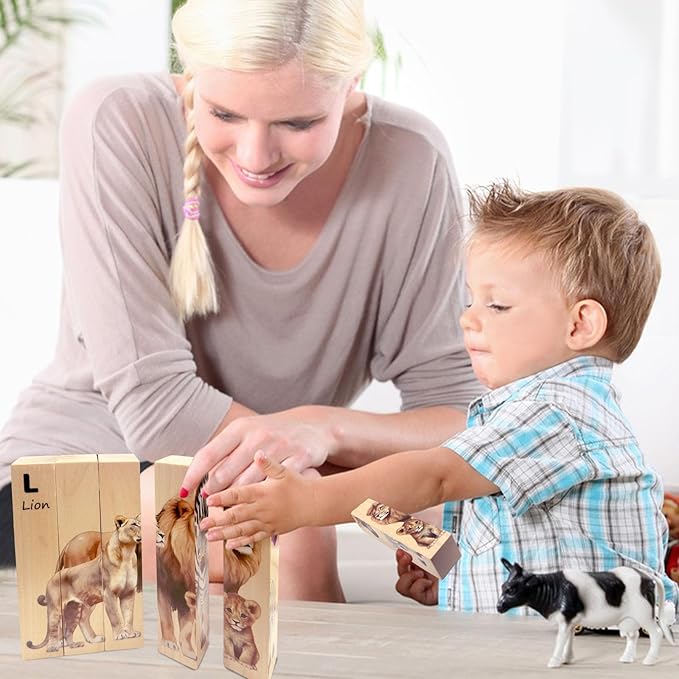 Wooden Puzzles for Toddlers, Montessori Toys, 4 in 1 Wooden Animal Puzzle Toy, Wood Block Puzzle with Durable Base, Preschool Learning Educational Toys for Kids & Toddlers