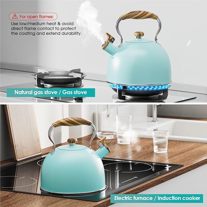 2.6 Quart Tea Kettle Stovetop Whistling for Stove Top, Blue | Food Grade Stainless Steel Tea Kettles with Cool Wood Pattern Handle, Induction Compatible