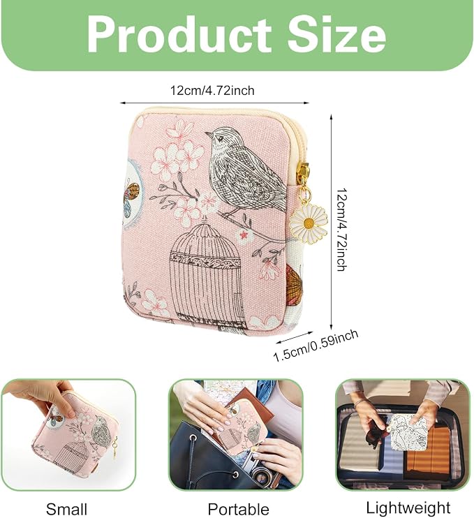 cobee 2PCS Sanitary Pad Storage Bag, Cute Sanitary Napkin Storage Purses Portable Period Bag with Daisy Zipper Panty Liner Tampon Menstrual Cup Nursing Pad Holder Pouch for Girls Women Travel(Bird)