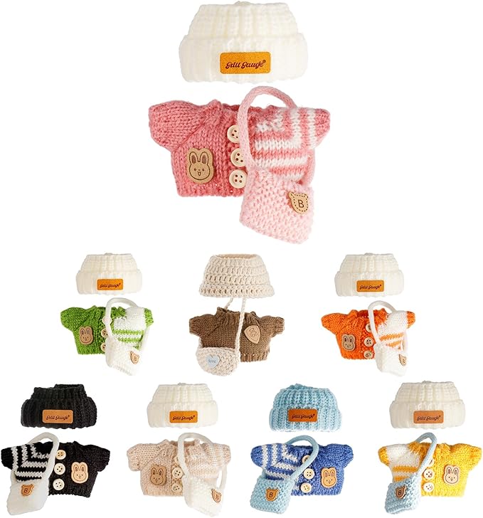 Clothes for 17cm Dolls, Clothes Set for 17cm Doll, Crochet 3 Piece Set Hat Clothes Backpack for Doll, Stylish Adorable Dolls Clothes Accessories (No Doll) (Pink)