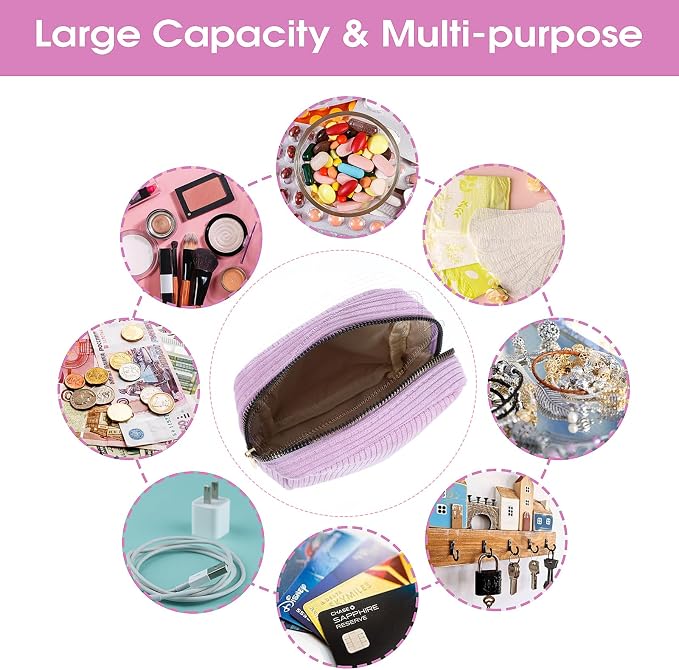 Feminine Menstrual Care Bags for Teen Girls, Mini Corduroy Period Bag for Storing Sanitary Napkins Portable Makeup Pouch with Zipper Cosmetic Bag Tampon Pad Holder for Women Travel Purse (Purple)