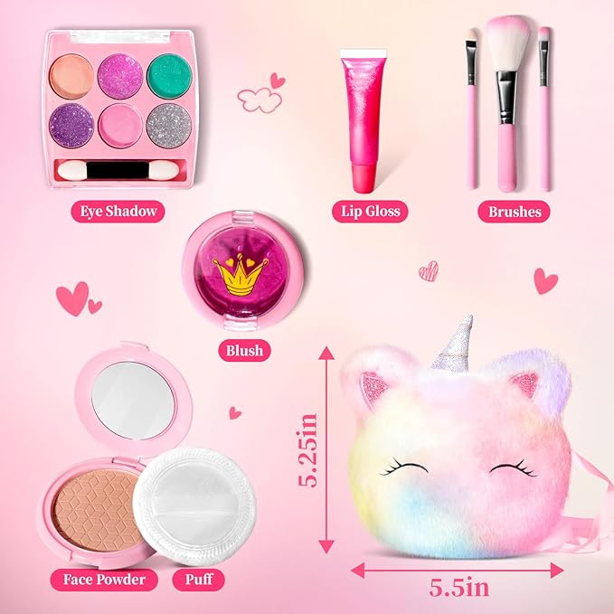 ULOVEME Kids Washable Makeup Kit for Girls 4-6 with Small Coin Purse(5.5x5.25in) - Real, Non Toxic Make Up Toy Gift- Umicorn Gift Set (Rainbow Coin Purse)