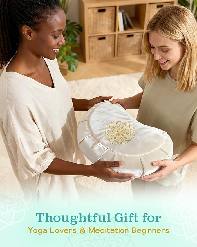 Hihealer Premium Crescent Meditation Cushion, Ergonomic Buckwheat Hull Floor Pillow for Adults, Comfortable Yoga Bolster for Meditation & Floor Sitting (Cream)