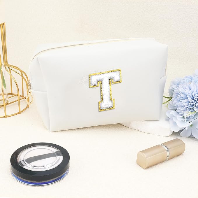 URSKYTOUS Gifts for Girls Initial Makeup Bag Personalized Cosmetic Bag with Zipper Cute Travel Toiletry Bags Waterproof PU Preppy Makeup Pouch Birthday Gift for Teen Girls Women(White T)