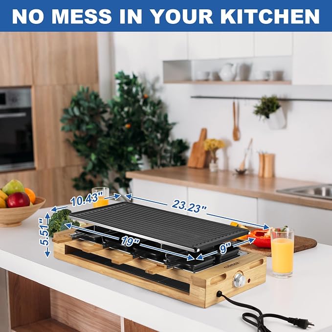 Indoor Grill, CUSIMAX Raclette Table Grill 1500W Electric Grill Korean BBQ | 2in1 Reversible Non-stick Plate/Temperature Adjustable/8 Trays & Wooden Spatulas/Double-layer Design/Sturdy Wooden Base