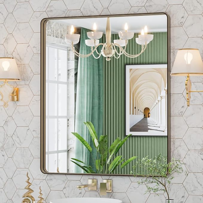 LOAAO 30"X36" Bronze Bathroom Mirror | Rounded Rectangle, Brushed Bronze Metal Frame, Anti-Rust, Tempered Glass, Hangs Horizontally or Vertically