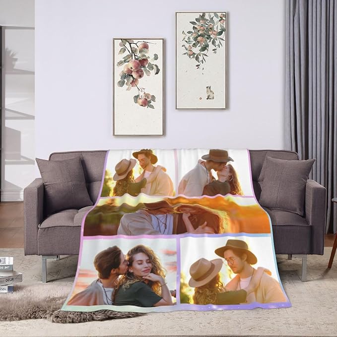 Custom Blanket with Picture Text, Personalized 5 Photo Blanket, HD Printing Customized Flannel Throw Blanket Gifts for Mom Dad Couple Girlfriend Boyfriend Wife Husband Christmas