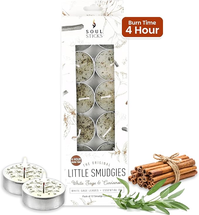 SOUL STICKS 12 Pack Little Smudgies Tealight Candles Smudge Candle for Cleansing House, Meditation, Chakra Healing | Made with Crystals and Herbs (White Sage & Cinnamon)