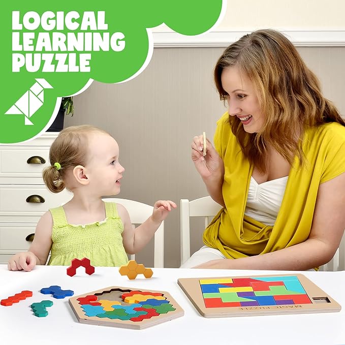 Yunsailing 3 Pack Hexagon Tangram Puzzle Wooden Brain Puzzles for Kid Adult Challenge Wood Russian Blocks Brain Teasers Toy Geometric Jigsaw Block Logic Iq Stem Toy for Family Party Gift(Fancy)