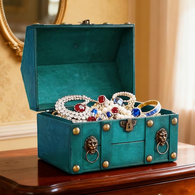 Large Vintage Wooden Treasure Chest Antique Box with Metal Lock | Wood Jewelry Box Storage Decorative Boxes Handmade Rectangle Organizer for Women Ring Necklace Earring Coins Collectibles