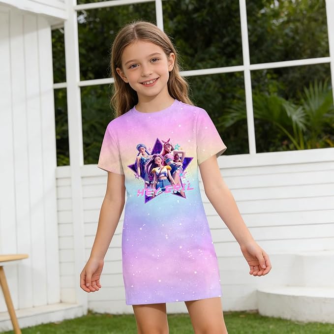 Girl's Anime K-POP Graphic Long Dress T-Shirt - Casual Loose Fit Short Sleeve Top