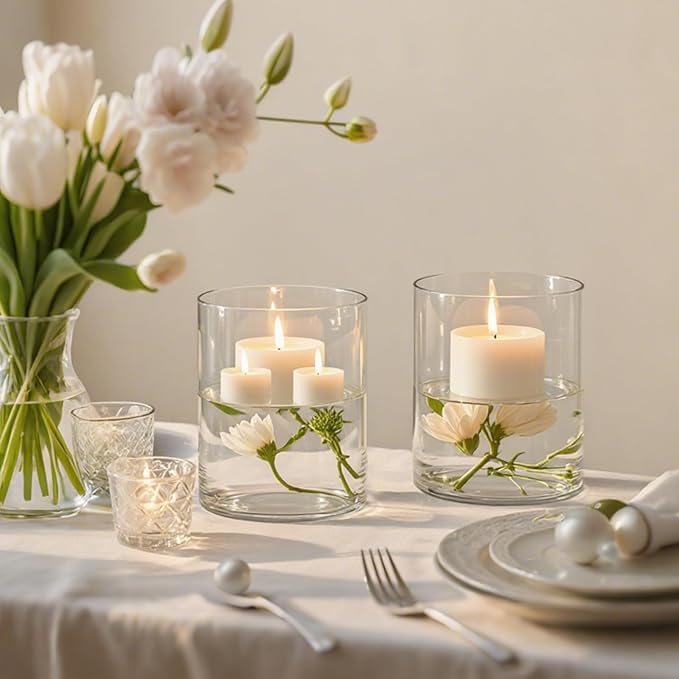 2pcs 6" x 4.7" Clear Glass Cylinder Vases for Centerpieces | Wide Mouth Flower Vases for Wedding & Home Decor, Hurricane Floating Candle Holders for Table, Includes 2 Floral Tapes