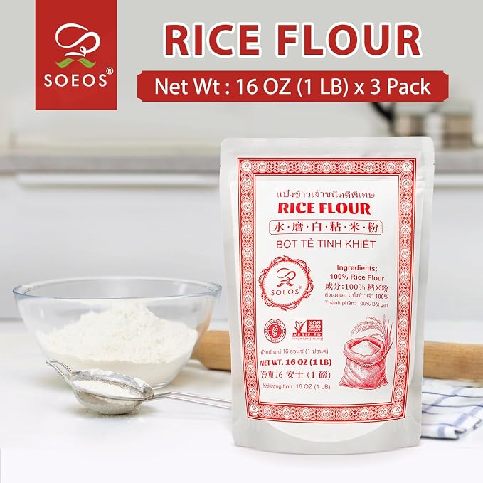 Soeos Thai Rice Flour 48 Ounce (Basic), 1 Pound(Pack of 3), Rice Flour for Baking or Cooking, All Natural White Rice Flour for Sourdough Bread, Vegan, Gluten-Free