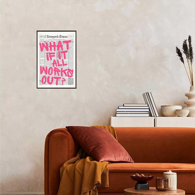 Drimiler Retro Newspaper Pink Font Poster What If It All Works Out Canvas Wall Art Positive Affirming Quote Minimalist Prints Painting For Home Bedroom Dorm Wall Decor 24x36in Framed
