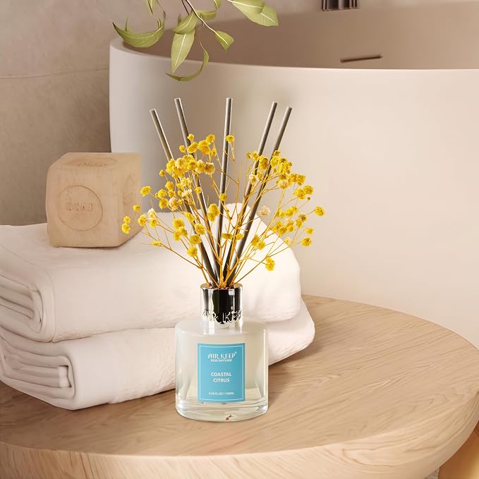 Airkeep Reed Diffuser Set,3.38 fl oz (100 ml) - Coastal Citrus Oil Diffusers with 8 Reed Sticks, Home Fragrance Reed Diffuser for Bathroom Shelf Decor