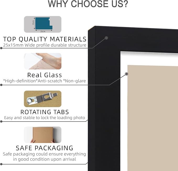 Hongkee 4x6 Picture Frame Set of 4, Made of Real Glass and Black Wooden Frame, 4 by 6 Photo for Wall or Tabletop - Display Picture 3.5x5 with Mat or 4x6 Without Mat