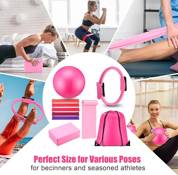 Silipull 10 Pcs Pilates Ring Blocks Set for Women Home Yoga Equipment Accessories Pilates Ring Circle and Ball Workouts Gift Include Ball Yoga Circle Resistance Bands Block Straps Gym Bag
