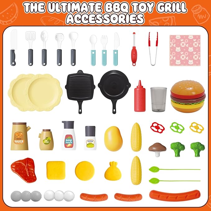 2025 Kids Kitchen Playset Toy Grill BBQ with Smoke Light Outside Pretend Play Food Toys Cooking Set 2-Layer Barbecue Gifts for Toddler Boys Girls 3-5 6 7 8