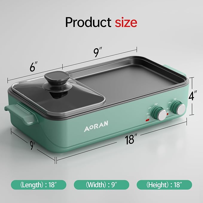 AORAN Electric Hot Pot with Grill, 2-in-1 Indoor Non-Stick Pot for Korean BBQ, Shabu Shabu & Noodles, Dual Temperature Control, Quick Heating with Bonus Accessories Green