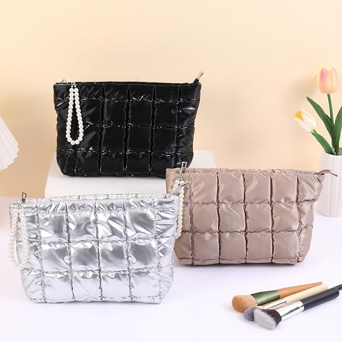 Puffer Quilted Makeup Bag Travel Cosmetic Bag Portable Puffy Checkered Toiletry Pouch Skincare Organizer Purse Pencil Case (Pink)