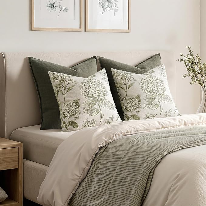 Set of 2 Euro Floral Pillow Covers 24x24 Inch Light Green | Decorative Neutral Hydrangea Print, Boho Vintage Throw Pillows, Cottagecore Home Decor, for Sofa Couch Porch Bed Living Room