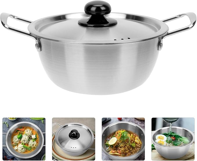 Double-Handle Noodle Pot with Lid 10.03X7.08X3.54 Inch Heat-Resistant Korean Noodle Cooking Pot for Kitchen Cookware and Soup Stew