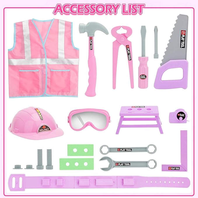 deAO Kids Tool Set Toddler Tool Kit, Pretend Play Toys Tooks with Electric Chainsaw Working Vest Hammer Accessories, Construction Tool Kit Gift for Toddler Playset Kit Girl Boy