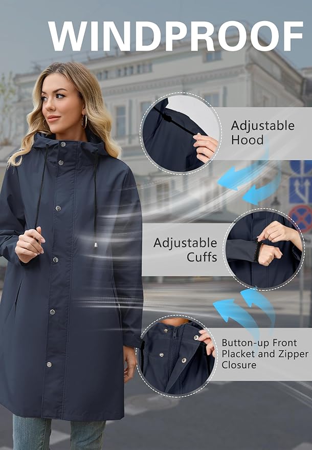 Zando Long Packable Rain Jacket Women Waterproof Raincoat with Hood | Relaxed-Fit Lightweight Windbreaker for Women; Travel Rain Coats for Commute, Hiking, Cruise, and Daily wear