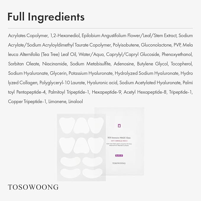 TOSOWOONG Anti-Wrinkle Patch with Hydrolyzed Collagen, Forehead & Eye & Smile Line Wrinkle Patches, Anti-Wrinkle Tape, K-Beauty Overnight Under Eye Patches, Korean Skincare, 5ea (10patches X 5)