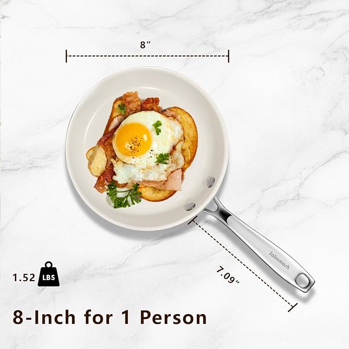 SAKAMOSH 8" Nonstick Ceramic Frying Pan, Tri-Ply Stainless Steel, White | Non Toxic, PFAS PFOA PTFE Free, Stay-Cool Handle, Dishwasher & Oven Safe, Induction Compatible