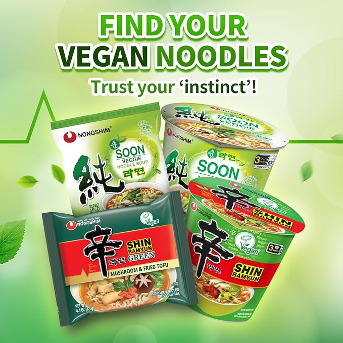Nongshim Shin Ramyun Vegan Noodles Cup, Spicy Vegan Korean Instant Ramyun, Bold Veggie Flavored Broth, Microwaveable, Quick & Easy, Pantry Essential, 2.64 oz (Pack of 6)