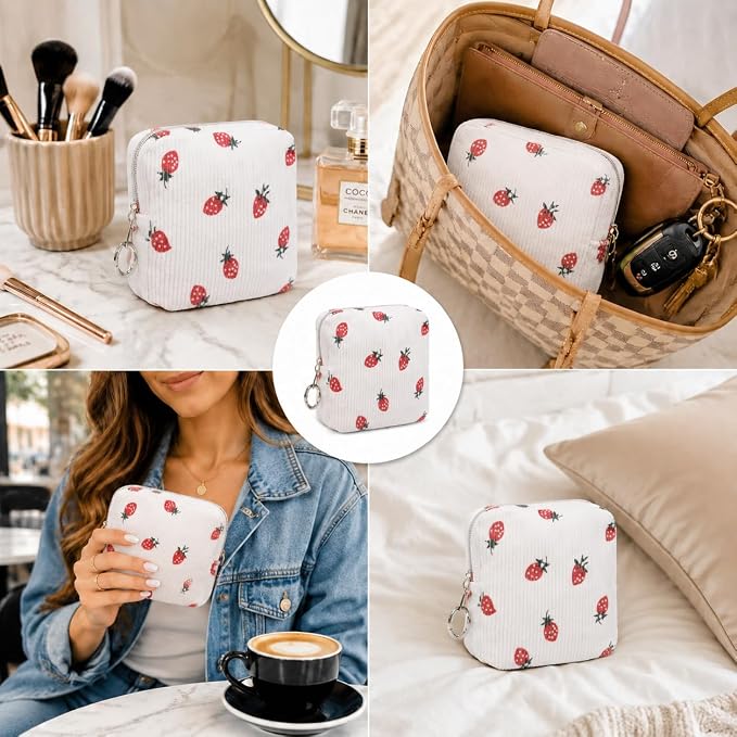 Period Bag for Girls, Corduroy Period Kit with Sanitary Pad Pouch, Menstrual Storage Bag and Tampon Holder for Purse, Girls School Essentials,Feminine Care Organizer(Strawberry)