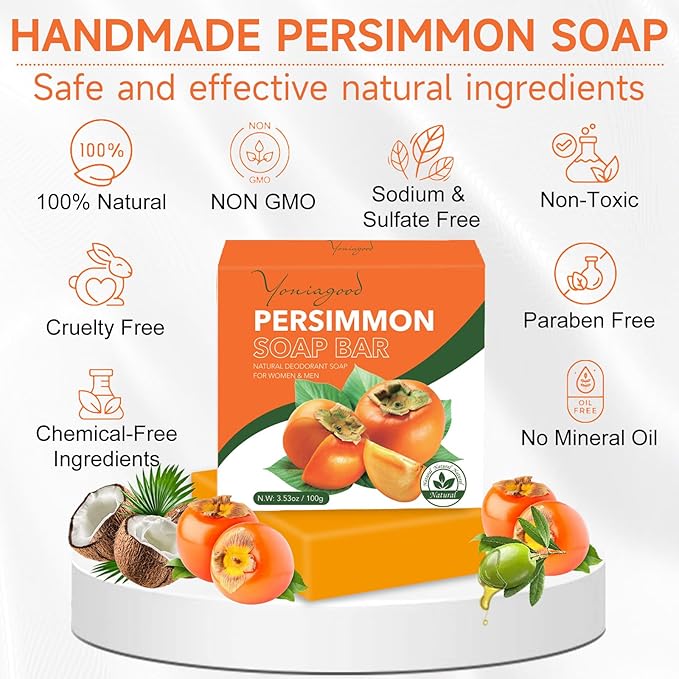 yoniagood 3 PCS Persimmon Soap Bar for Body Odor Control, Natural Deodorant Body Bar Soap for Old People Smell, Remove Strong Smell, Organic Eliminating Odor Wash Soap for Women & Men