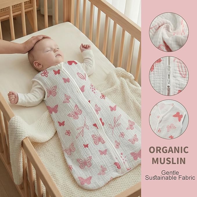BSTOPPT 2 Pack Baby Sleep Sack 0-6 Months 100% Organic Cotton Muslin Baby Sleeping Bag 2-Way Zipper Wearable Blankets TOG 0.3 (Gray & Pink Butterfly, Small)