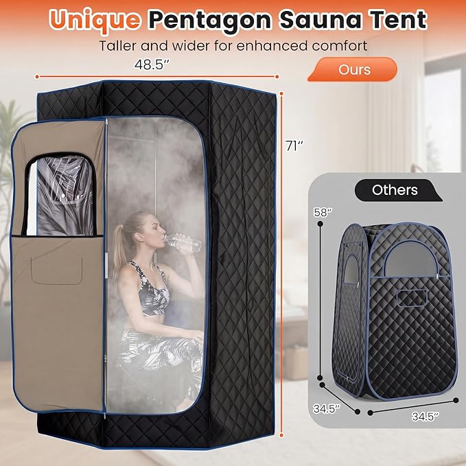 Giantex 3L Portable Steam Sauna, Fast-Heat Large Pentagon Sauna Box for Home, 9-Level Remote Control, 99-Min Timer, Folding Chair, Foot Roller, Mat, 35.5" x 35.5" x 71" Sauna Tent (Black)