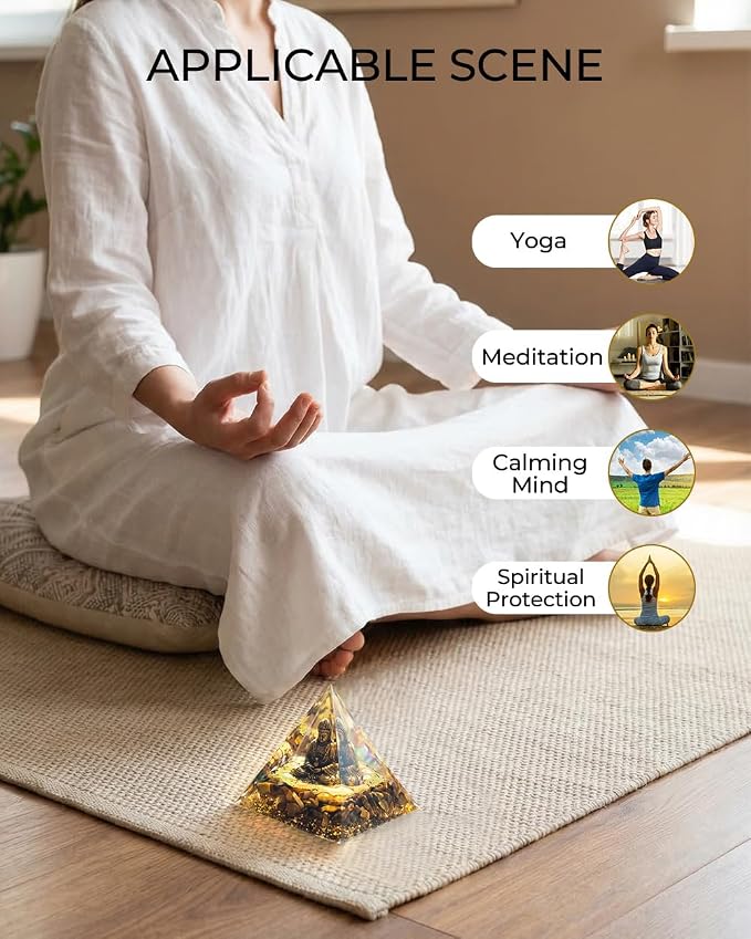 Orgone Pyramid with Healing Crystals - (Buddha, Golden) - Energy Generator for Positive Vibe, Stress Relief & Chakra Reiki Meditation - Pyramid Decor - Spiritual Gift for Success, Wealth & Prosperity