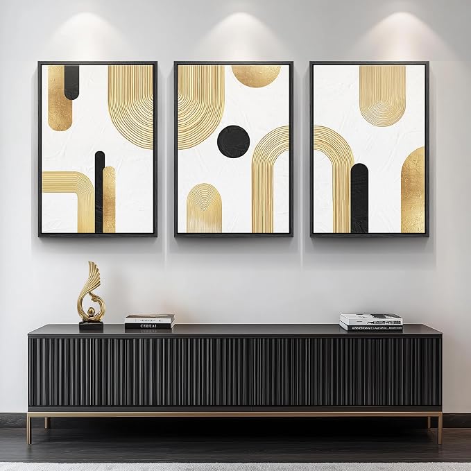 Large Framed Gold Abstract Geometric Wall Art for LIving Room, 3 Piece Modern Canvas Prints Paintings Artwork for Walls, Minimalist Black White Gold Pictures for Hallway Office Wall Decor 24x36 Inch