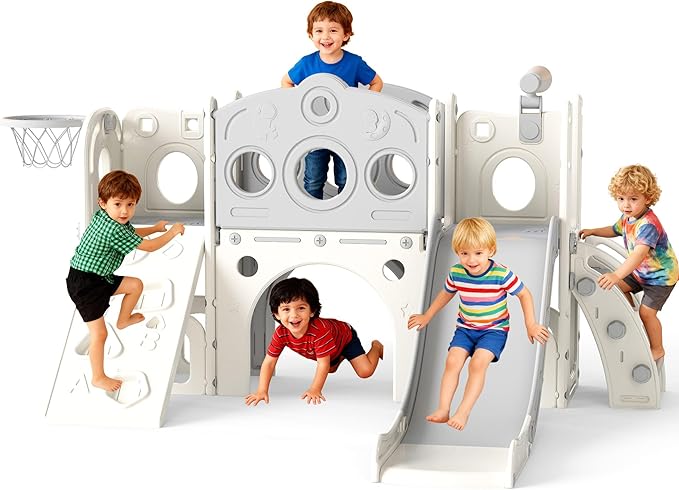 GITAWUSA 9 in 1 Toddler Slide Set Playground Indoor & Outdoor Fun for Kids & Babies Aged 1-3, Featuring Climbing Board, Basketball Hoop, Telescope, Storage Space and Non-Slip Steps, Gray & White