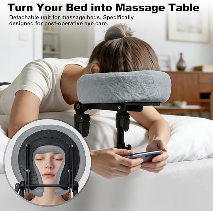 Massage Headrest for Bed, Adjustable Height Memory Foam Face Cradle with Washable Pillowcase, Gray