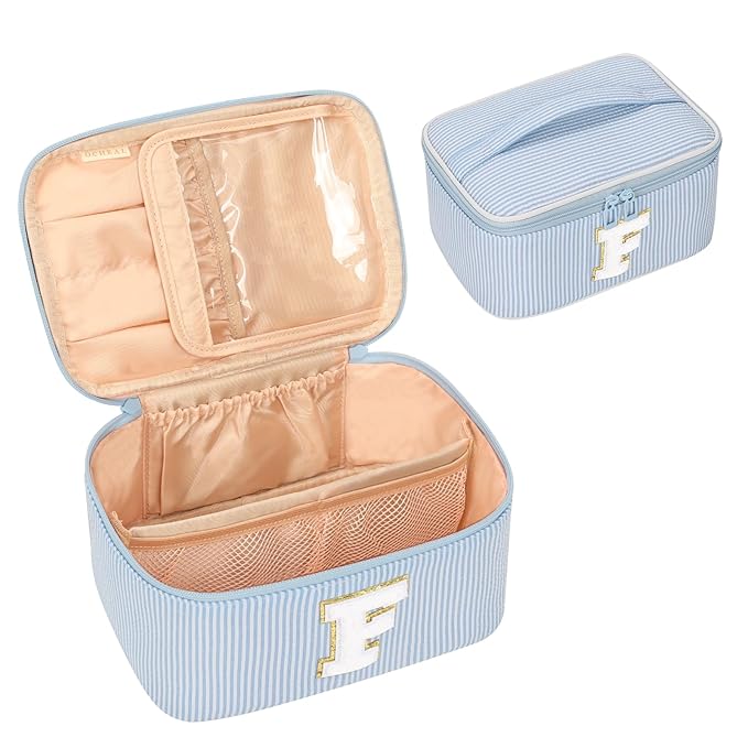 OCHEAL Makeup Bag Valentines Day Gifts for Women, Monogram Cosmetic Bag Blue Travel Makeup Case Beauty Toiletry Bag Organizer Personalized Gifts for Girls Bridesmaid, Sister, Wife, Friends Initial F