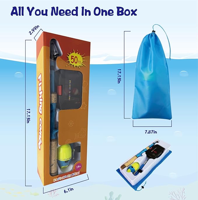 Kids Fishing Pole Set, Kids Fishing Rod and Reel Combo and Fishing Net Tackle Box with Lures Hooks and Bag for Boys Girls Youth Fishing