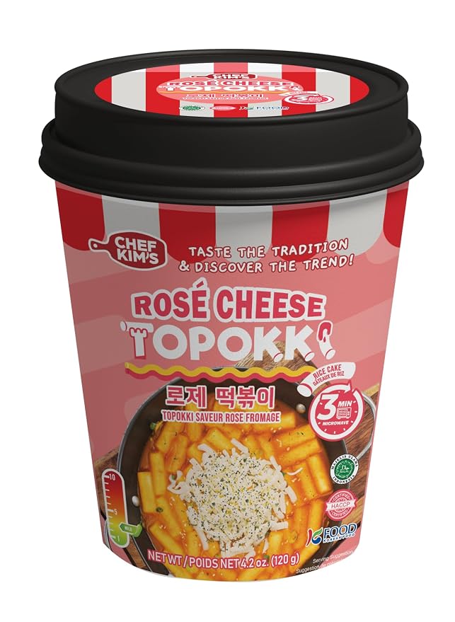 POCAS Chef Kim's Korean Instant Topokki Rice Cake Cups, Microwaveable Rice Cake Snack, Ready in 3 Minutes, 4.2 oz (120g) per Cup, 12 Tteokbokki Cups per Case, Authentic Korean Street Food. (Rosé Cheese)
