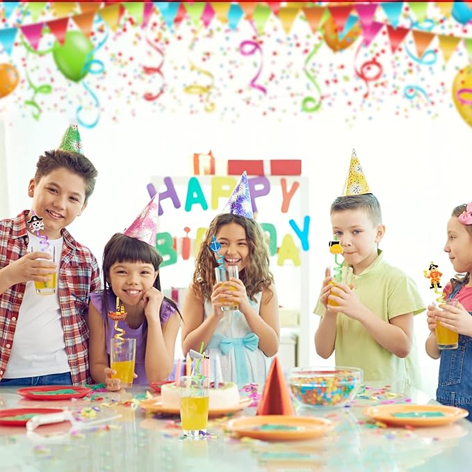 24 Pirate Party Favors Reusable Plastic Straws for Pirate Themed Birthday Party Supplies Decorations with 2 Cleaning Brushes