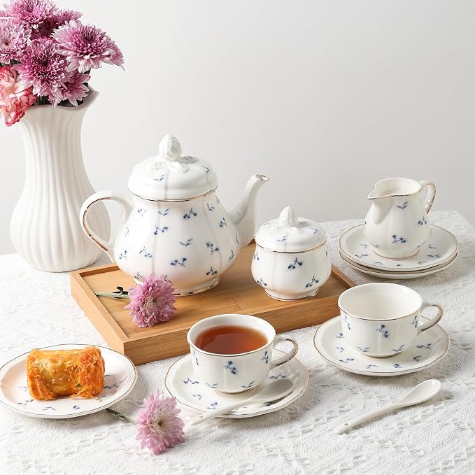 Sweejar 23 Pcs Floral Tea Sets with Metal Holder, Relief Gold Rim Porcelain Tea Sets for Adults, Cup and Saucer Set for 6, with Teapot, Sugar Bowl, Milk Jug, Spoons (Blue Flower)