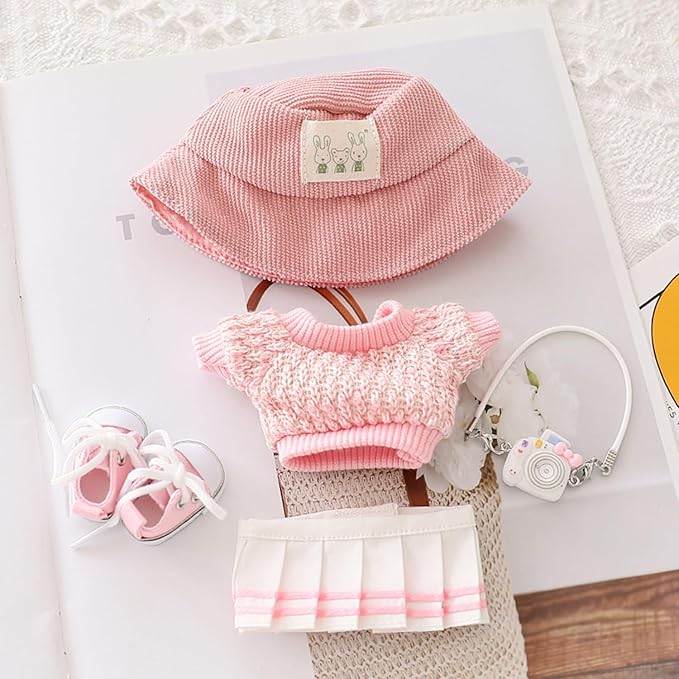 Clothes for 17cm Dolls Sweater Clothes Accessories(No Doll Only Clothes), Stylish Outfit Suitable for 6.69inch (17cm) Doll Soft Clothing Replacement(PinkA+hat+Dress++mini Pendant+Shoes)
