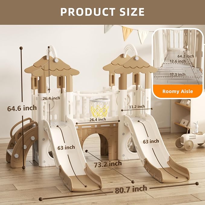YUFU 9 in 1 Toddler Slide, Kids Slide Playset with Double Slide, Climber, Basketball Hoop, Tunnel and Storage Space, Indoor Outdoor Playground for Toddlers Age 1-3 (Brown)